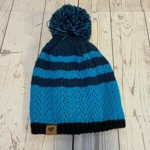 Obermeyer Hat Beanie Blue Striped Knit Winter Pom pom